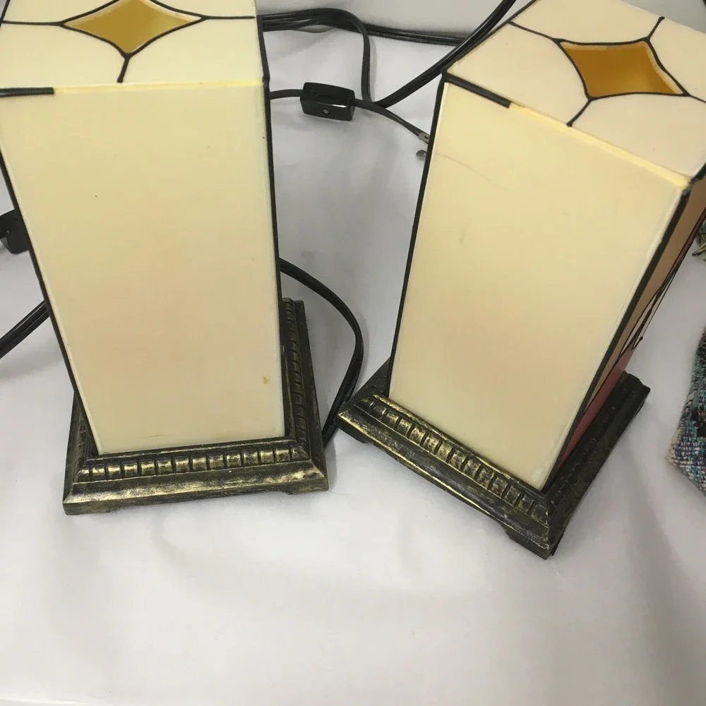 Vtg Christmas Santa Lamps Plastic Stained Glass Look Gold Base Read Description